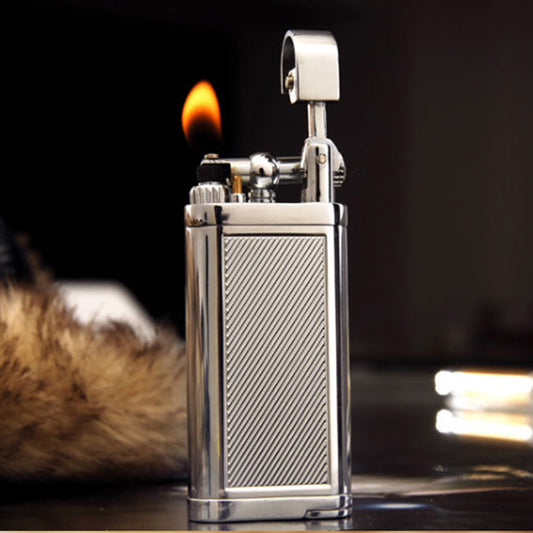 Angled Soft Flame Antique Style Lift Arm Butane Refillable Lighter with Tamper & Pick