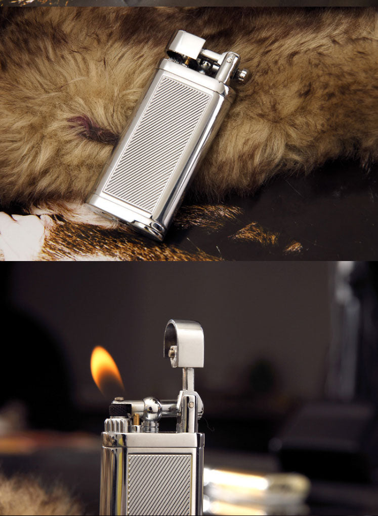 Angled Soft Flame Antique Style Lift Arm Butane Refillable Lighter with Tamper & Pick
