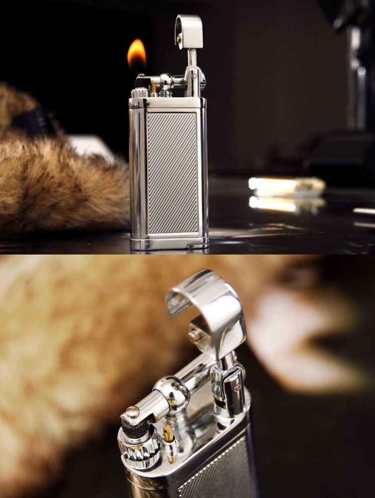 Angled Soft Flame Antique Style Lift Arm Butane Refillable Lighter with Tamper & Pick