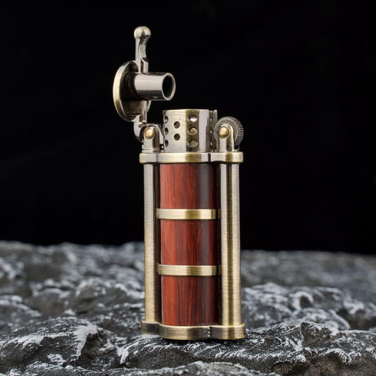 Rosewood Case Antique Style Petrol Kerosene Soft Flame Cylinder Type Windproof Lighter