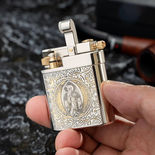 Antique Brass Lighter for Men, Flint Wheel Soft Flame, Vintage Lift Arm Design, Durable Outdoor Use, Gift for Men Dad Husband (Constantine)