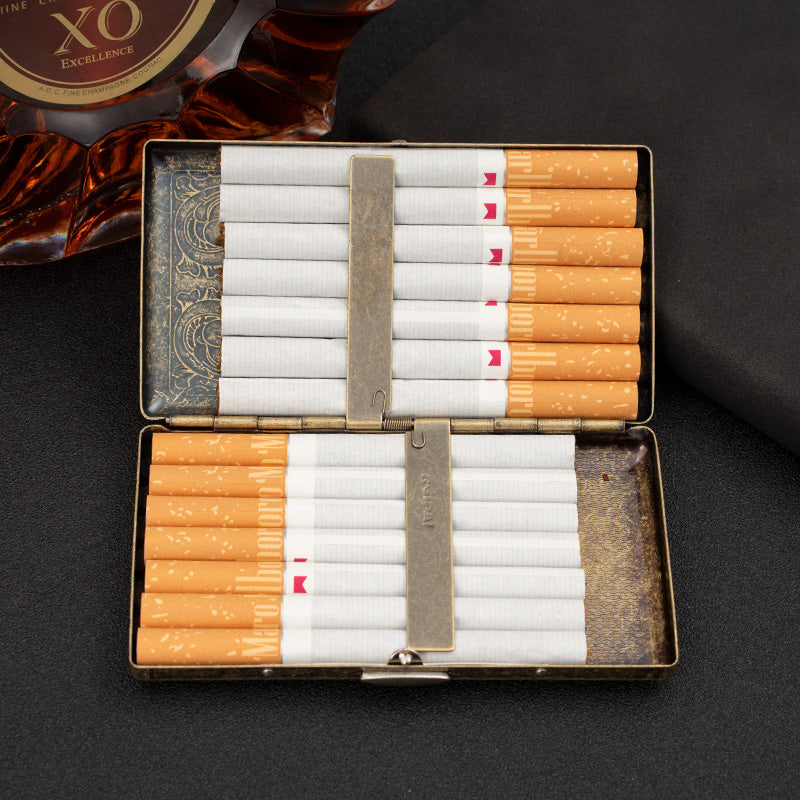 Retro Metal Cigarette Case - Antique Brass, Double-Sided Spring Clip Holder for Regular & 100s Cigarettes, Crush-Proof Portable Box
