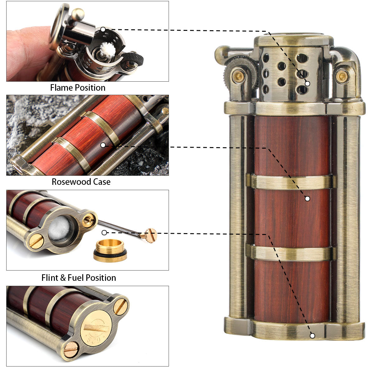 Rosewood Case Antique Style Petrol Kerosene Soft Flame Cylinder Type Windproof Lighter