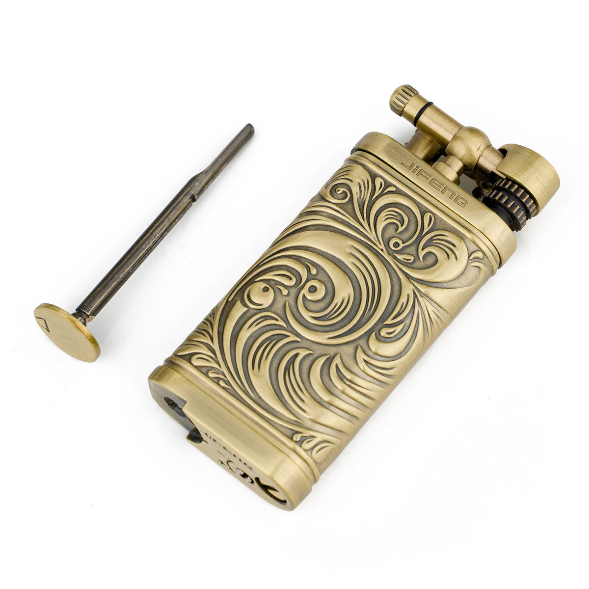 Embossed Pattern Antique Style Lift Arm Tobacco Pipe Butane Lighter with Tamper & Pick