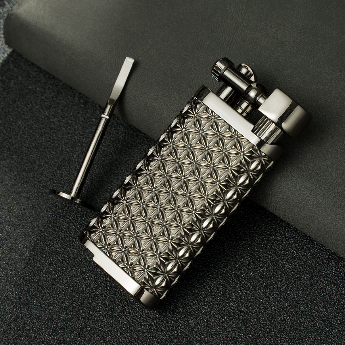 Angled Soft Flame Antique Style Lift Arm Butane Refillable Lighter with Tamper & Pick