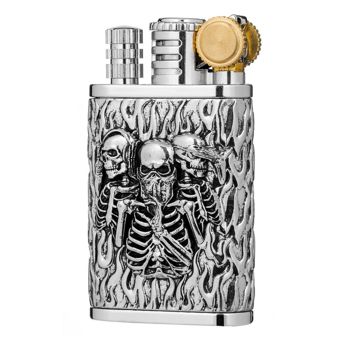 2 in 1 Lighetr Permanent Match Antique Style Flint Wheel Kerosene Lighter with Permanent Match  Skull King