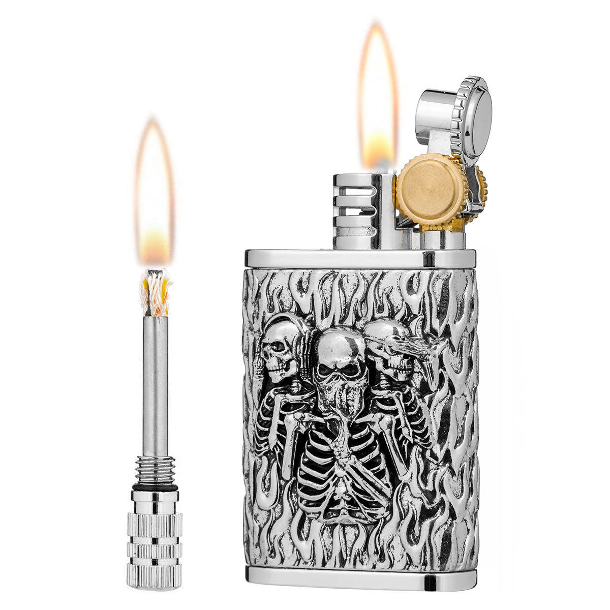 2 in 1 Lighetr Permanent Match Antique Style Flint Wheel Kerosene Lighter with Permanent Match  Skull King