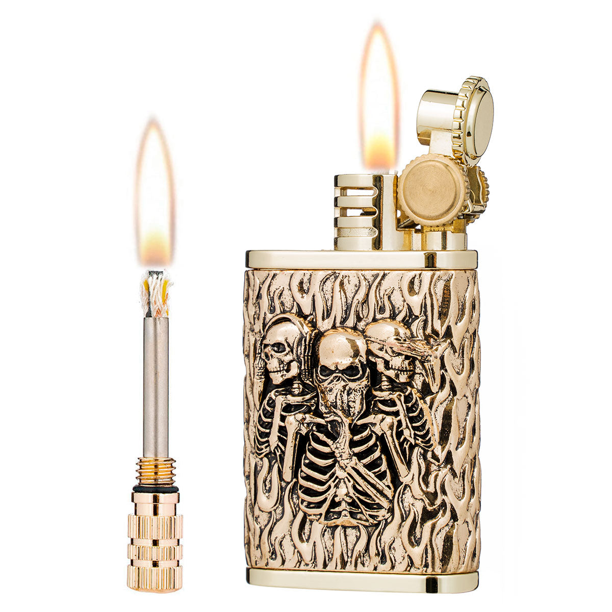 2 in 1 Lighetr Permanent Match Antique Style Flint Wheel Kerosene Lighter with Permanent Match  Skull King