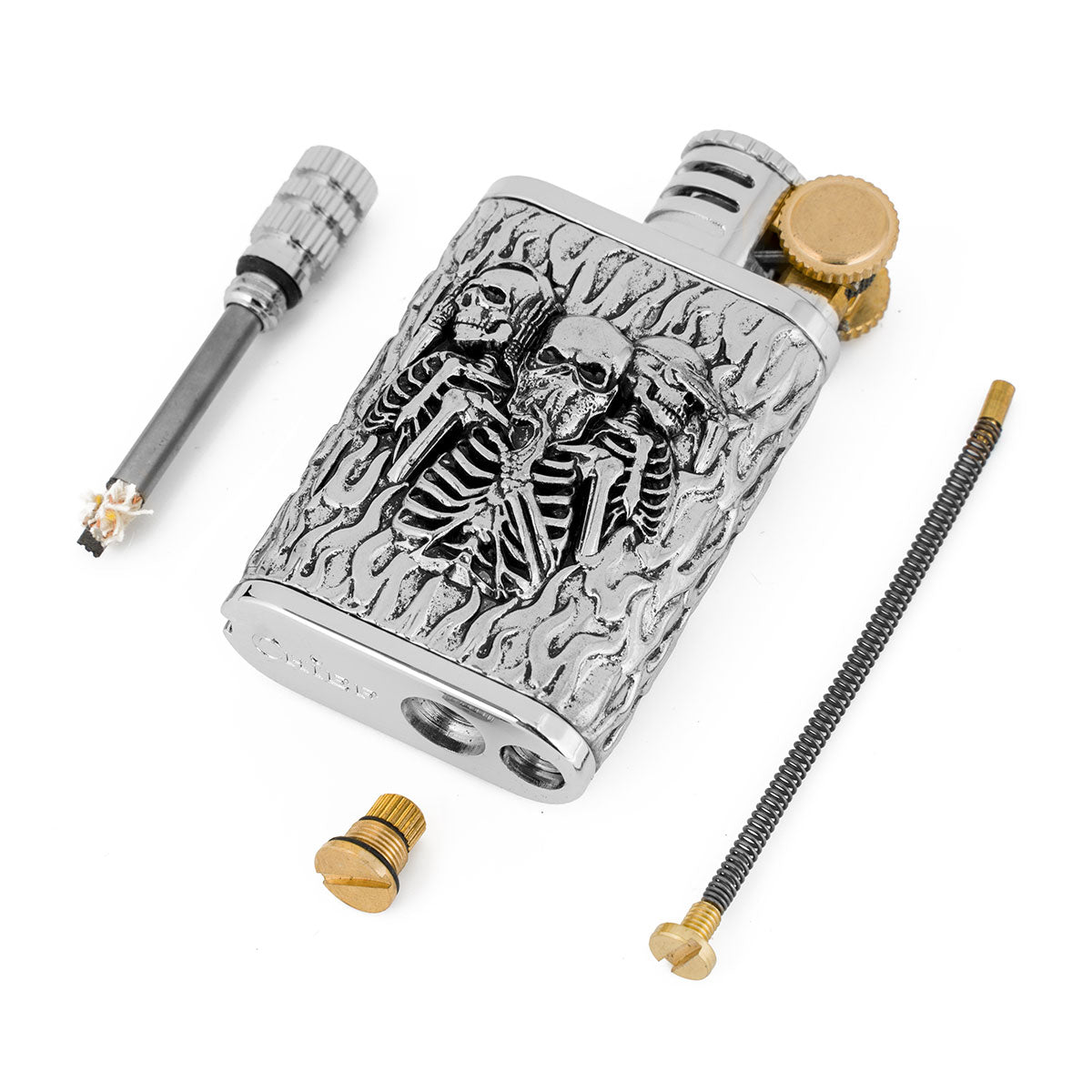 2 in 1 Lighetr Permanent Match Antique Style Flint Wheel Kerosene Lighter with Permanent Match  Skull King