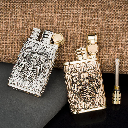 2 in 1 Lighetr Permanent Match Antique Style Flint Wheel Kerosene Lighter with Permanent Match Skull King