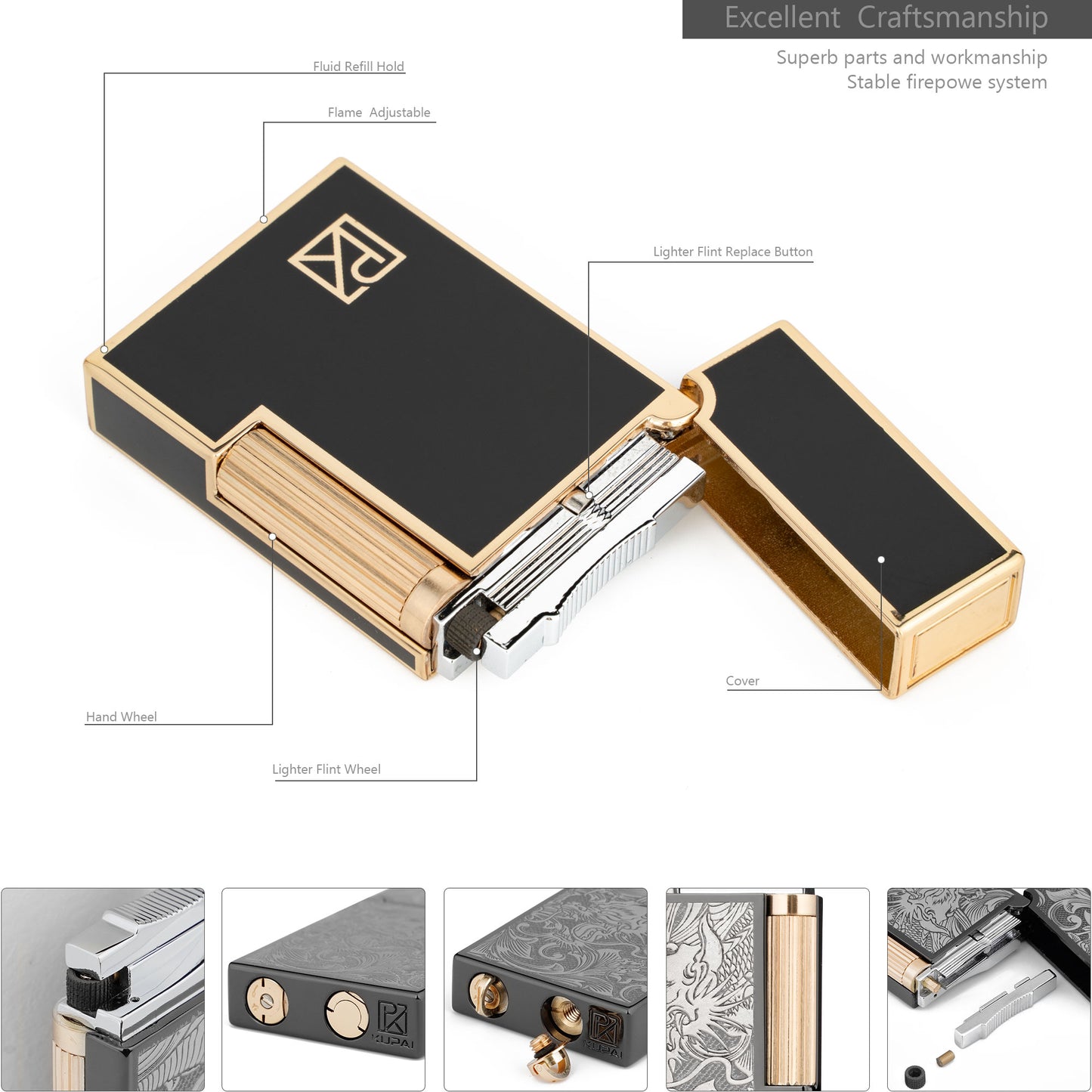 Soft Flame Black Gold Flint Wheel Butane Refillable Gas Metal Lighter
