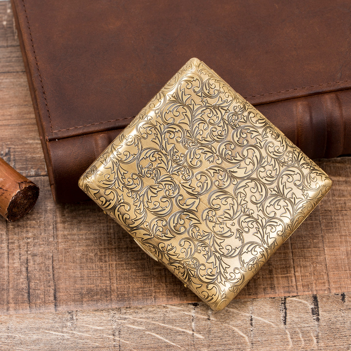 6 Sides Engraved Flowers Solid Brass Metal Cigarette Case Holder for Regular Cigarettes