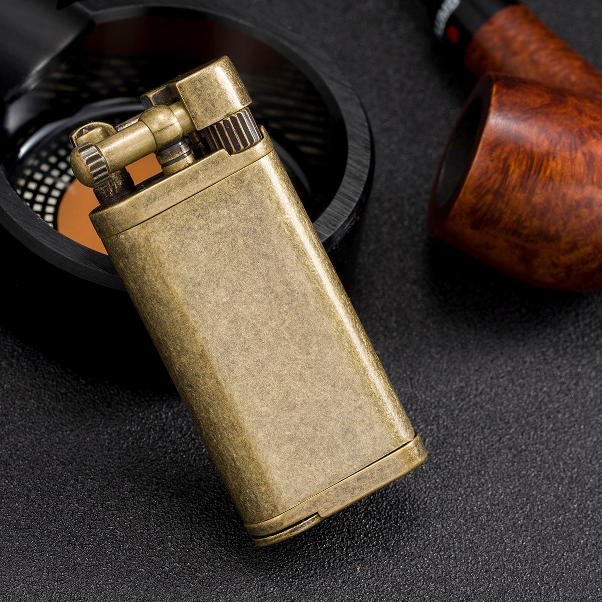 Angled Soft Flame Antique Style Lift Arm Butane Refillable Lighter with Tamper & Pick