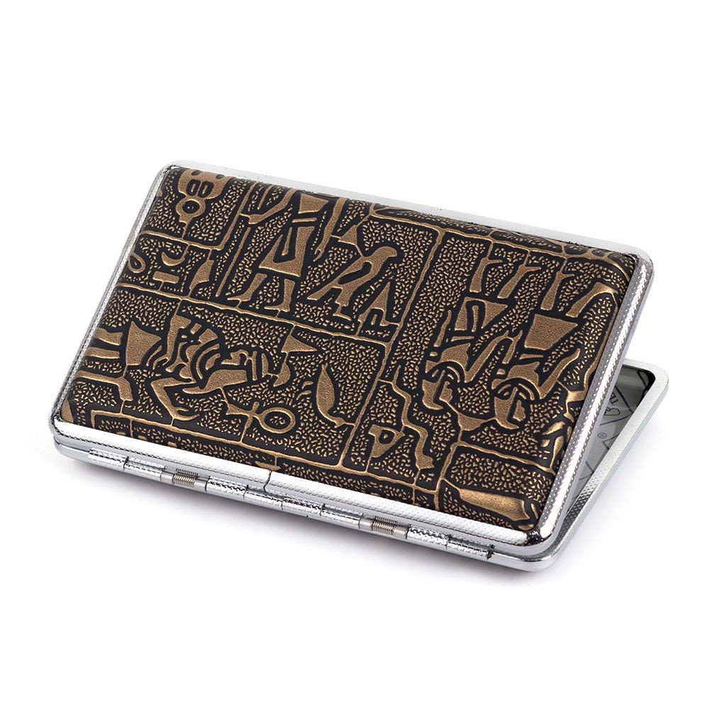 Egyptian Pattern Leather Metal Cigarette Case Holds 14 Cigarettes for 100's