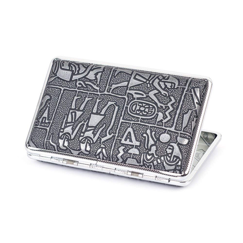 Egyptian Pattern Leather Metal Cigarette Case Holds 14 Cigarettes for 100's
