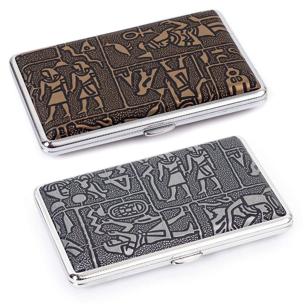Egyptian Pattern Leather Metal Cigarette Case Holds 14 Cigarettes for 100's