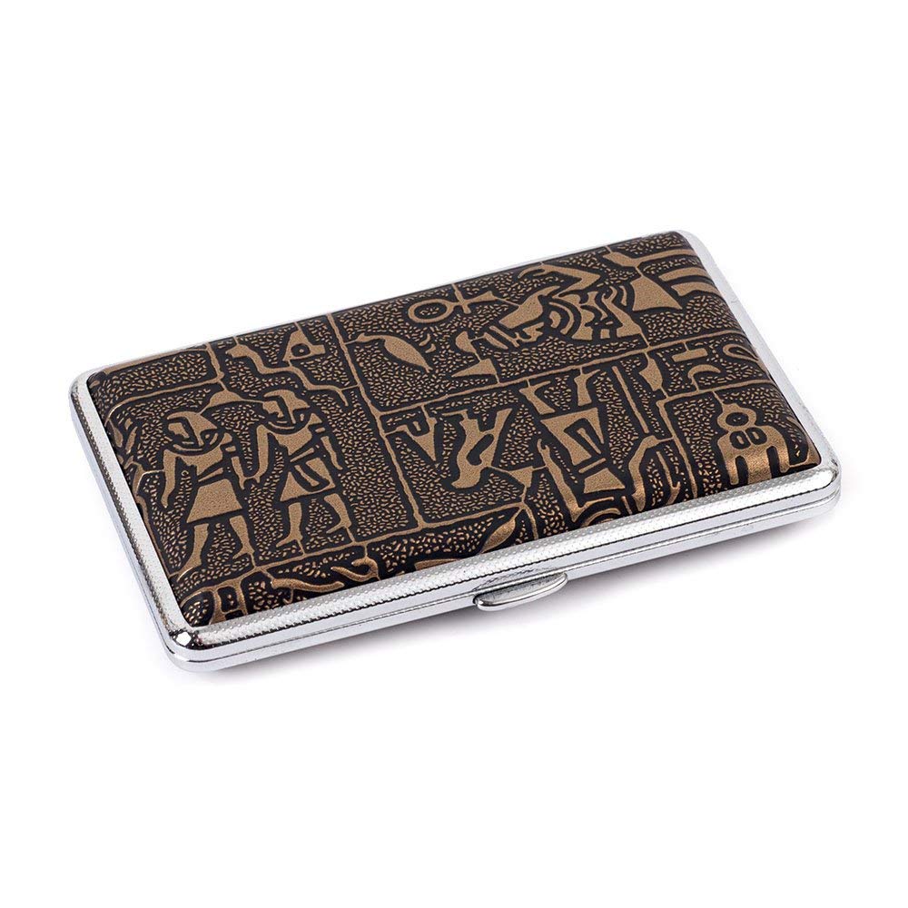 Egyptian Pattern Leather Metal Cigarette Case Holds 14 Cigarettes for 100's