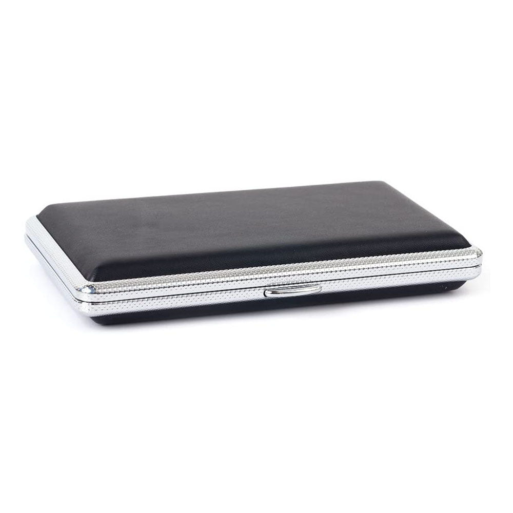Plain Black Leather Metal Cigarette Case Holds 14 Cigarettes for 100's Cigarettes
