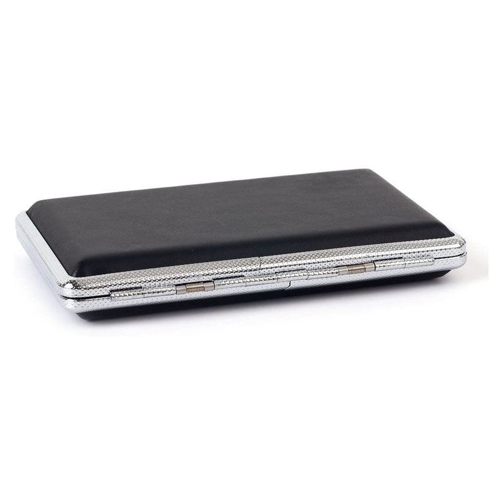 Plain Black Leather Metal Cigarette Case Holds 14 Cigarettes for 100's Cigarettes