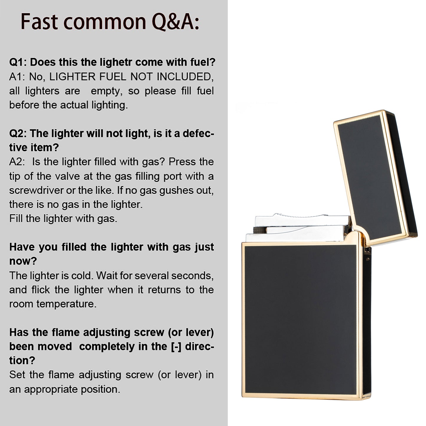 Soft Flame Black Gold Flint Wheel Butane Refillable Gas Metal Lighter