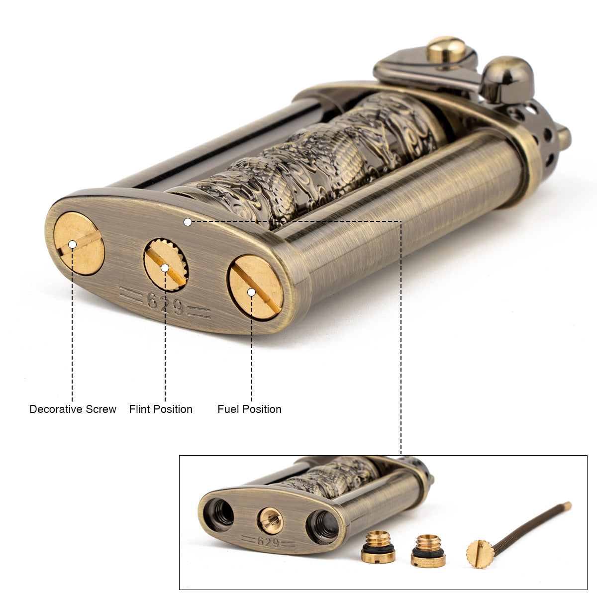 Antique Type Rotatable Dragon Pillar Soft Flame Rocker Arm Petrol Kerosene Lighter