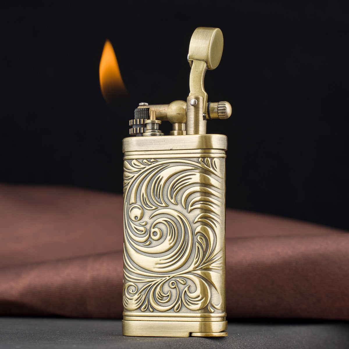 Embossed Pattern Antique Style Lift Arm Tobacco Pipe Butane Lighter with Tamper & Pick