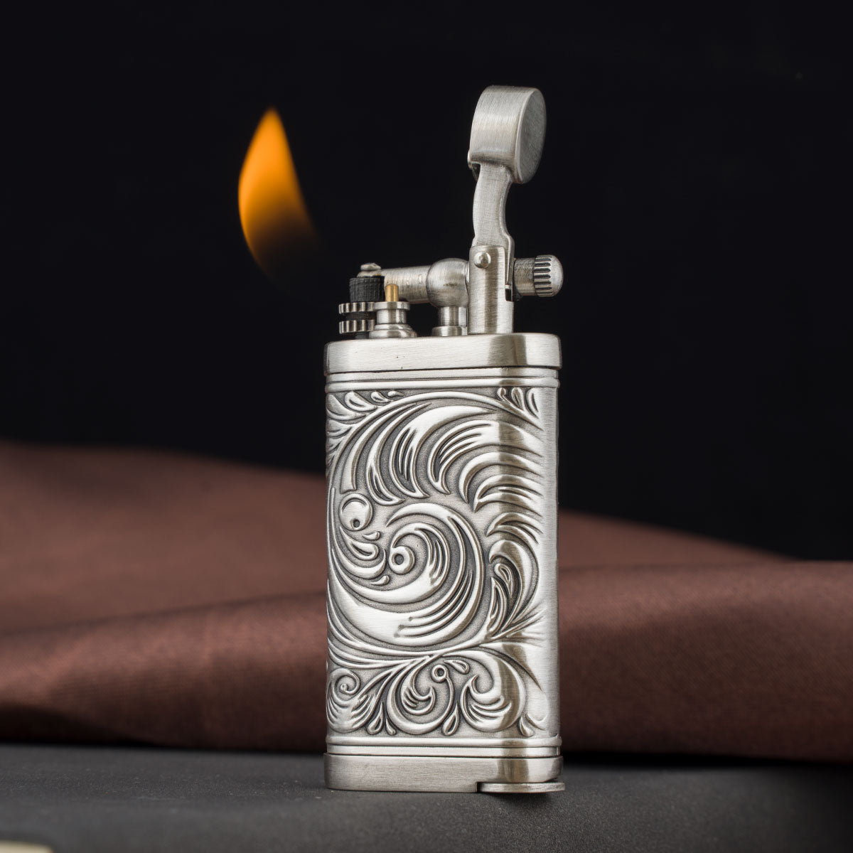 Embossed Pattern Antique Style Lift Arm Tobacco Pipe Butane Lighter with Tamper & Pick