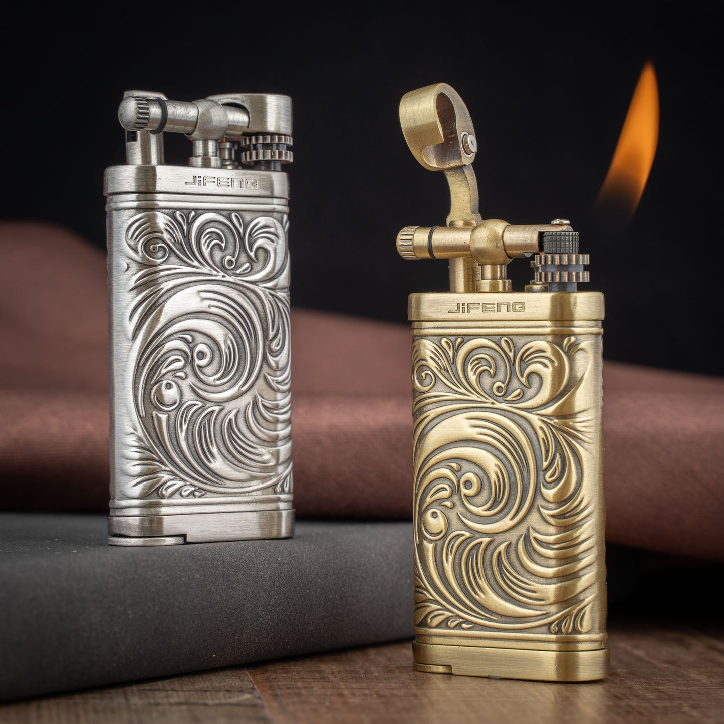 Embossed Pattern Antique Style Lift Arm Tobacco Pipe Butane Lighter with Tamper & Pick