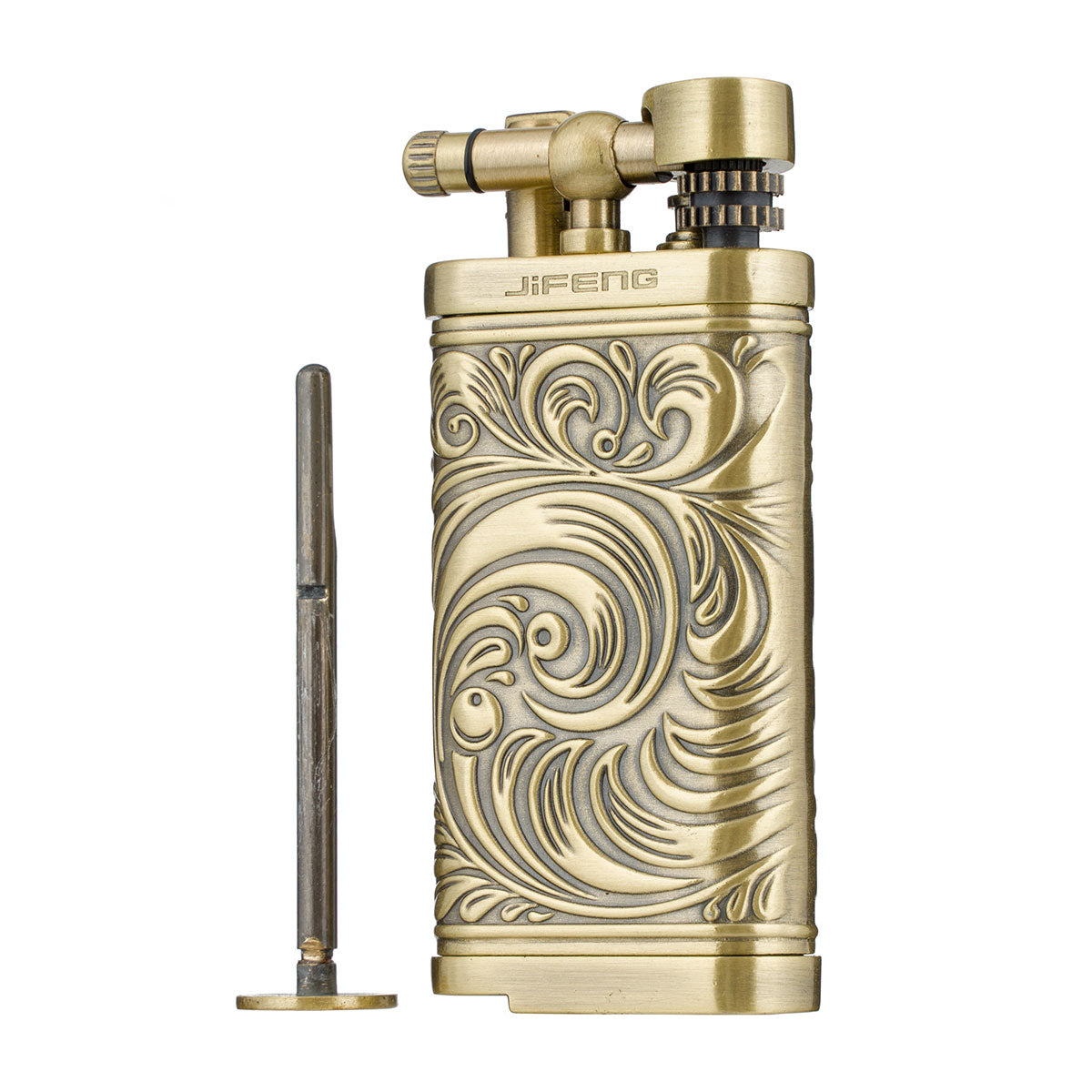 Embossed Pattern Antique Style Lift Arm Tobacco Pipe Butane Lighter with Tamper & Pick