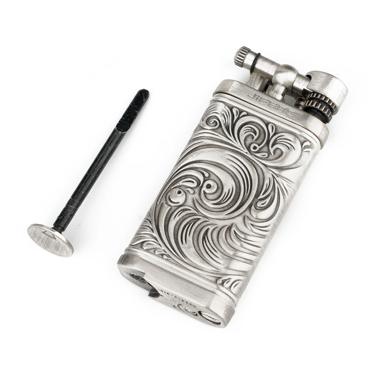 Embossed Pattern Antique Style Lift Arm Tobacco Pipe Butane Lighter with Tamper & Pick
