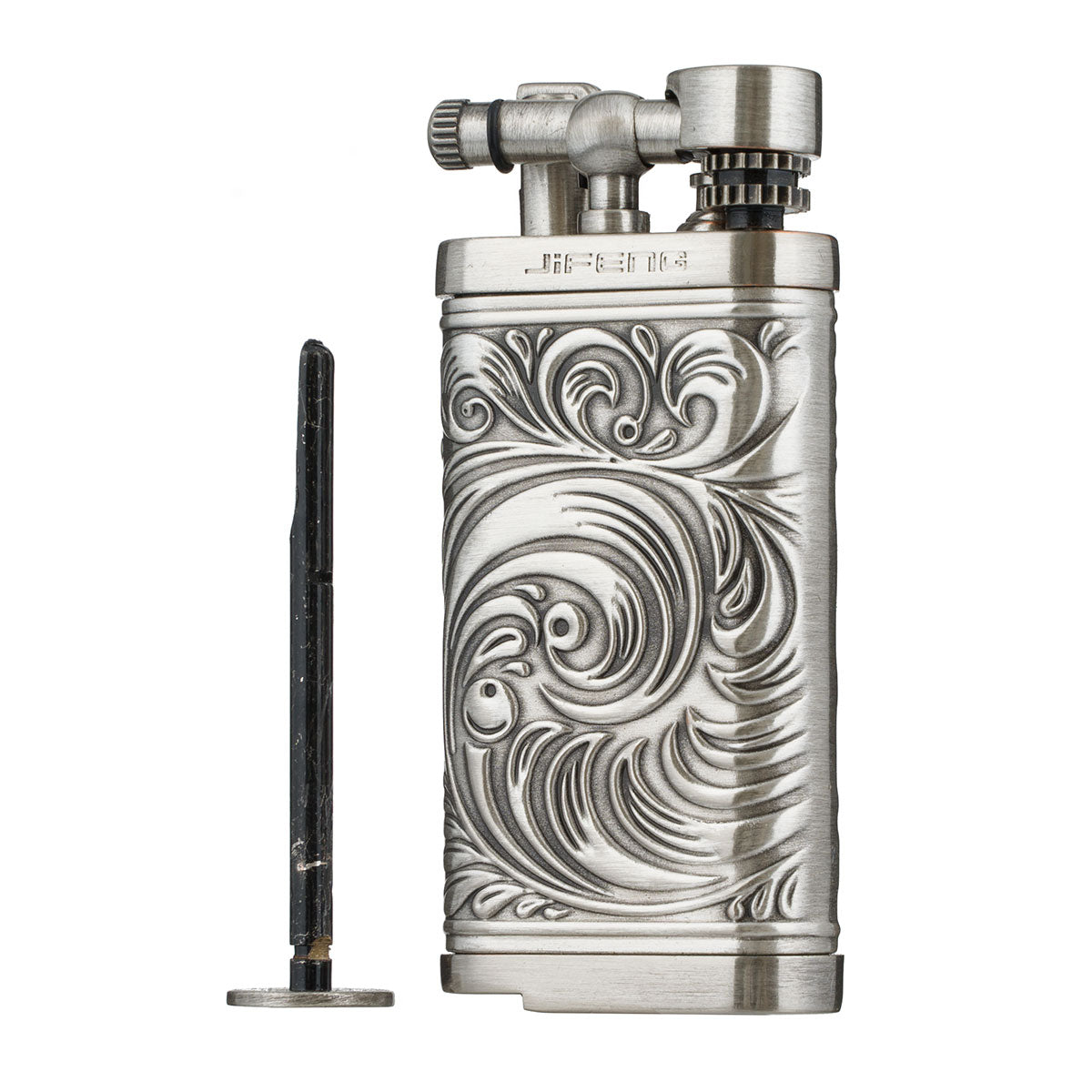 Embossed Pattern Antique Style Lift Arm Tobacco Pipe Butane Lighter with Tamper & Pick