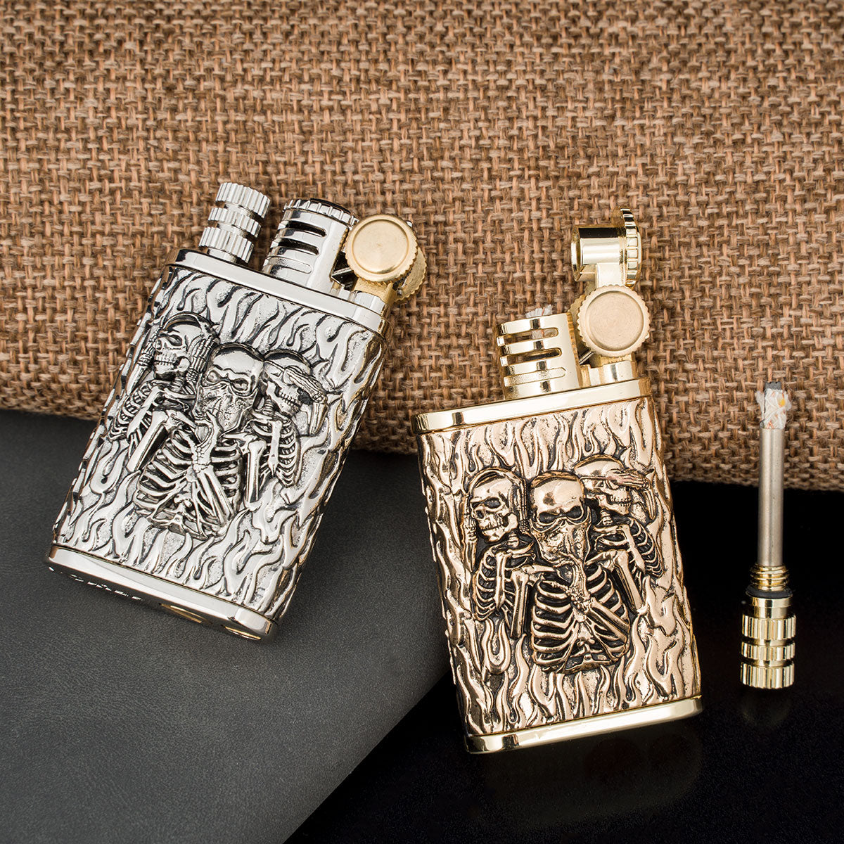 2 in 1 Lighetr Permanent Match Antique Style Flint Wheel Kerosene Lighter with Permanent Match  Skull King