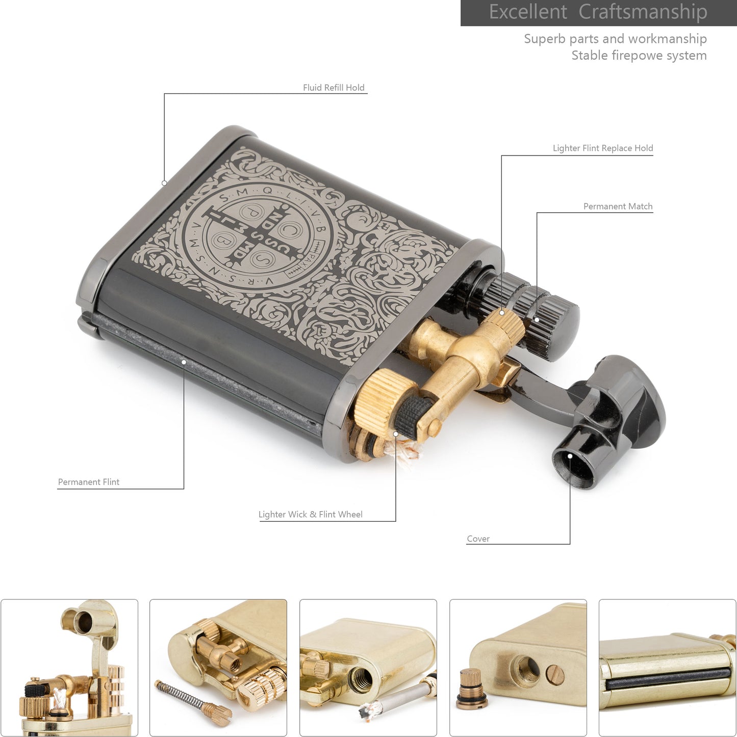 Black Ice Constantine 2 in 1 Lighetr Permanent Match Antique Style Lift Arm Kerosene Lighter with Permanent Match