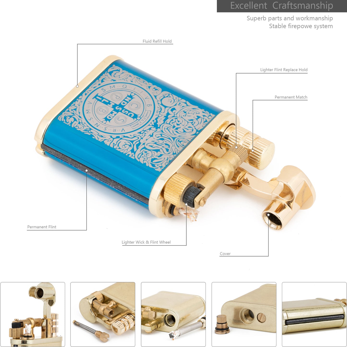 Blue Ice Constantine 2 in 1 Lighetr Permanent Match Antique Style Lift Arm Kerosene Lighter with Permanent Match