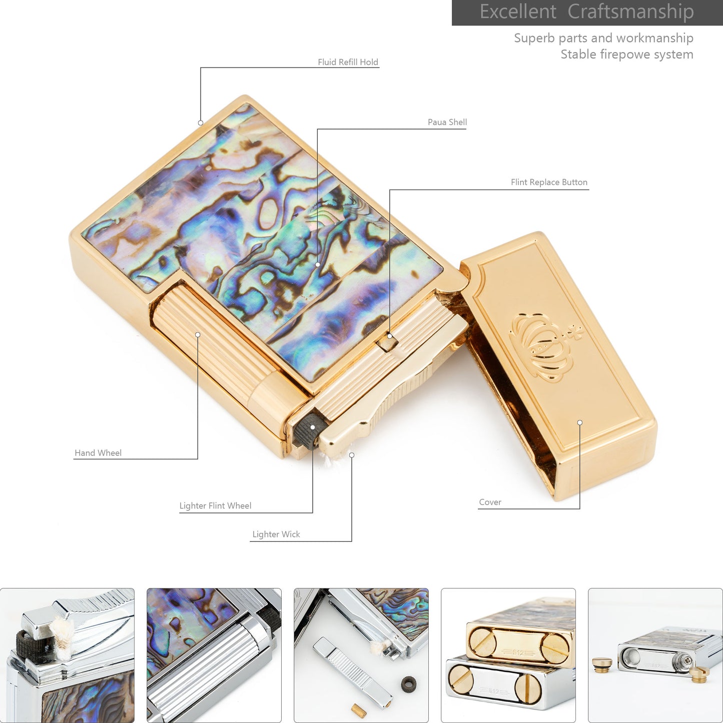 Classic Soft Flame Inlaid Paua Shell Kerosene Lighter Side Wheel Lighter Fluid Refillable Lighter