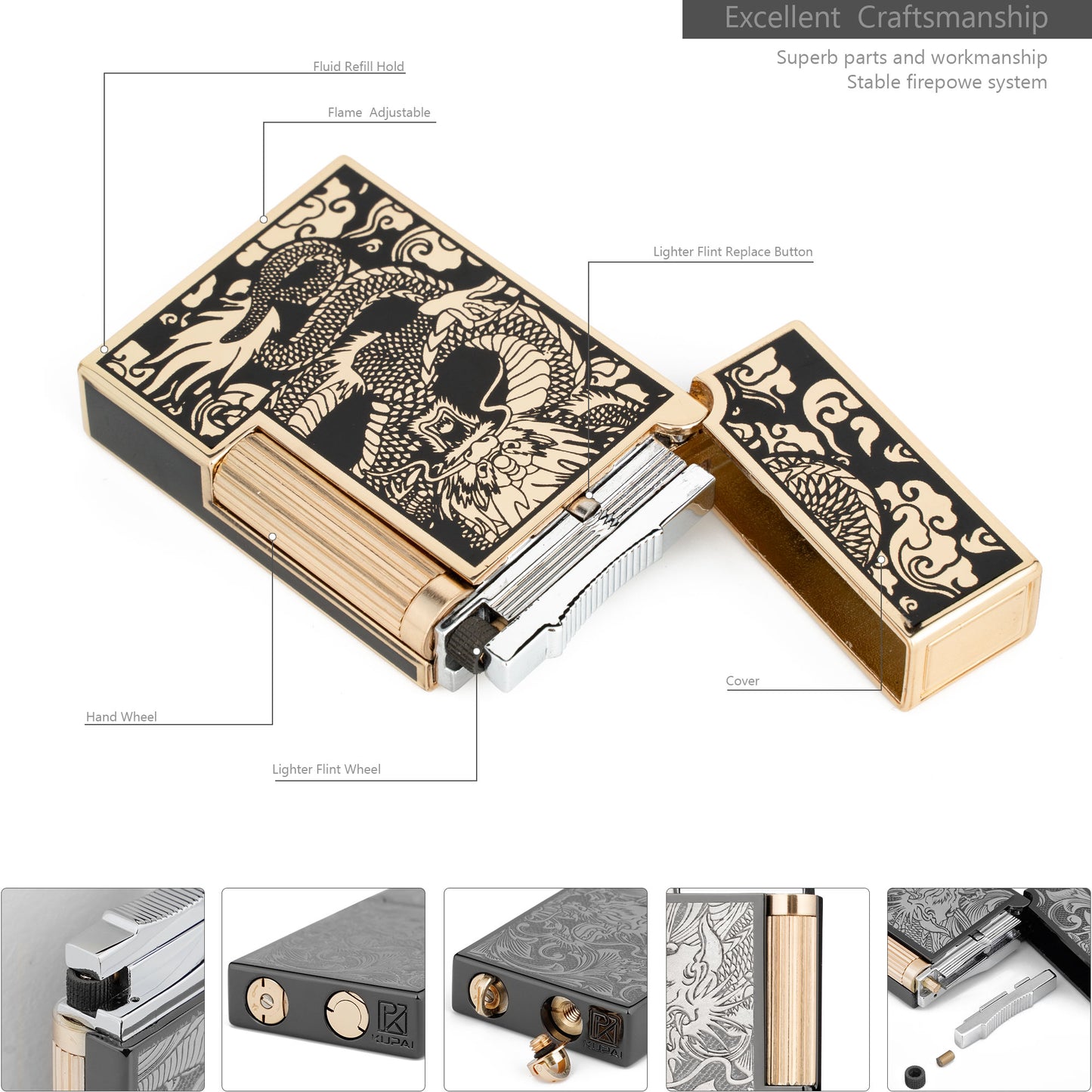 Chinese Dragon Flint Wheel Butane Refillable Soft Flame Lighter