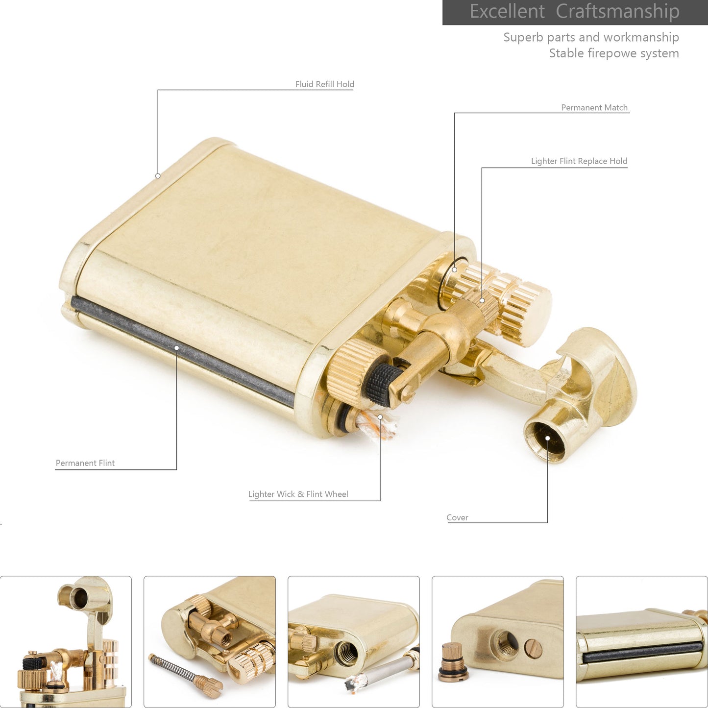 2 in 1 Lighetr Permanent Match Antique Style Lift Arm Kerosene Lighter with Permanent Match