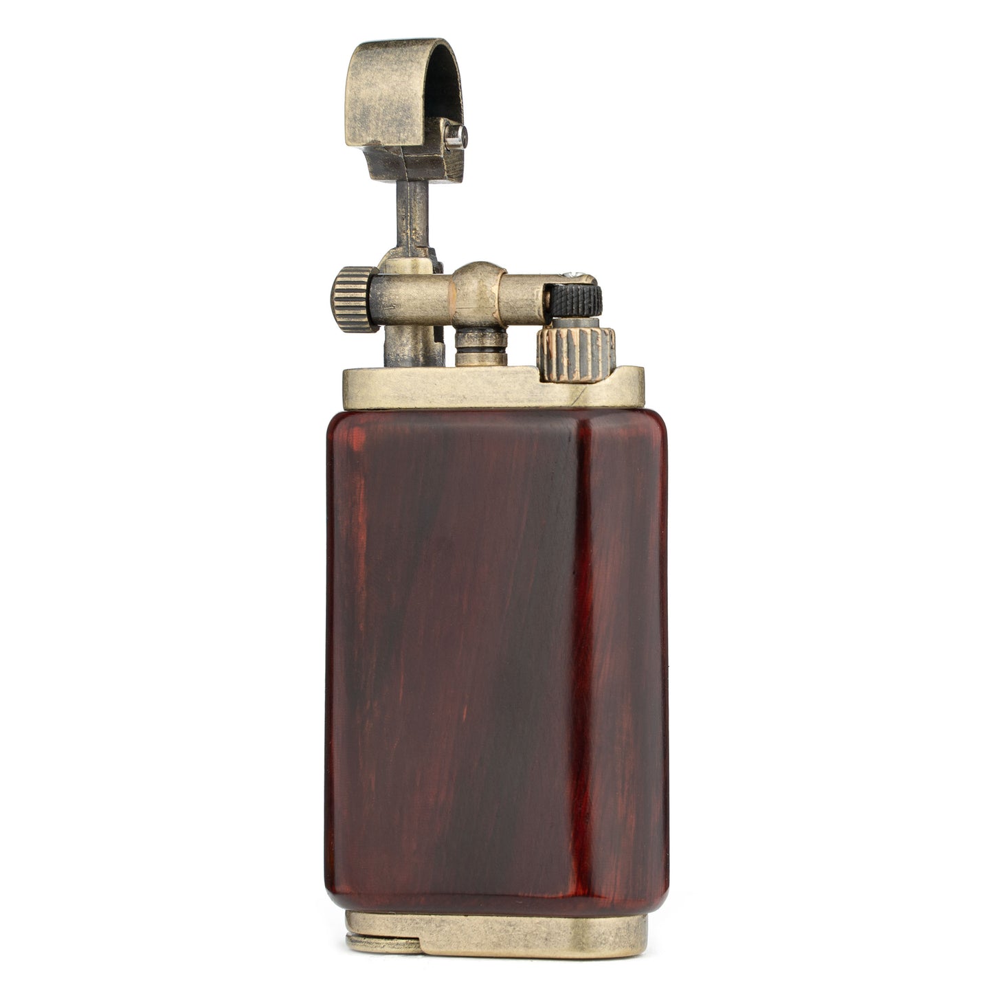 Rosewood Angled Soft Flame Antique Style Lift Arm Butane Refillable Lighter with Tamper & Pick