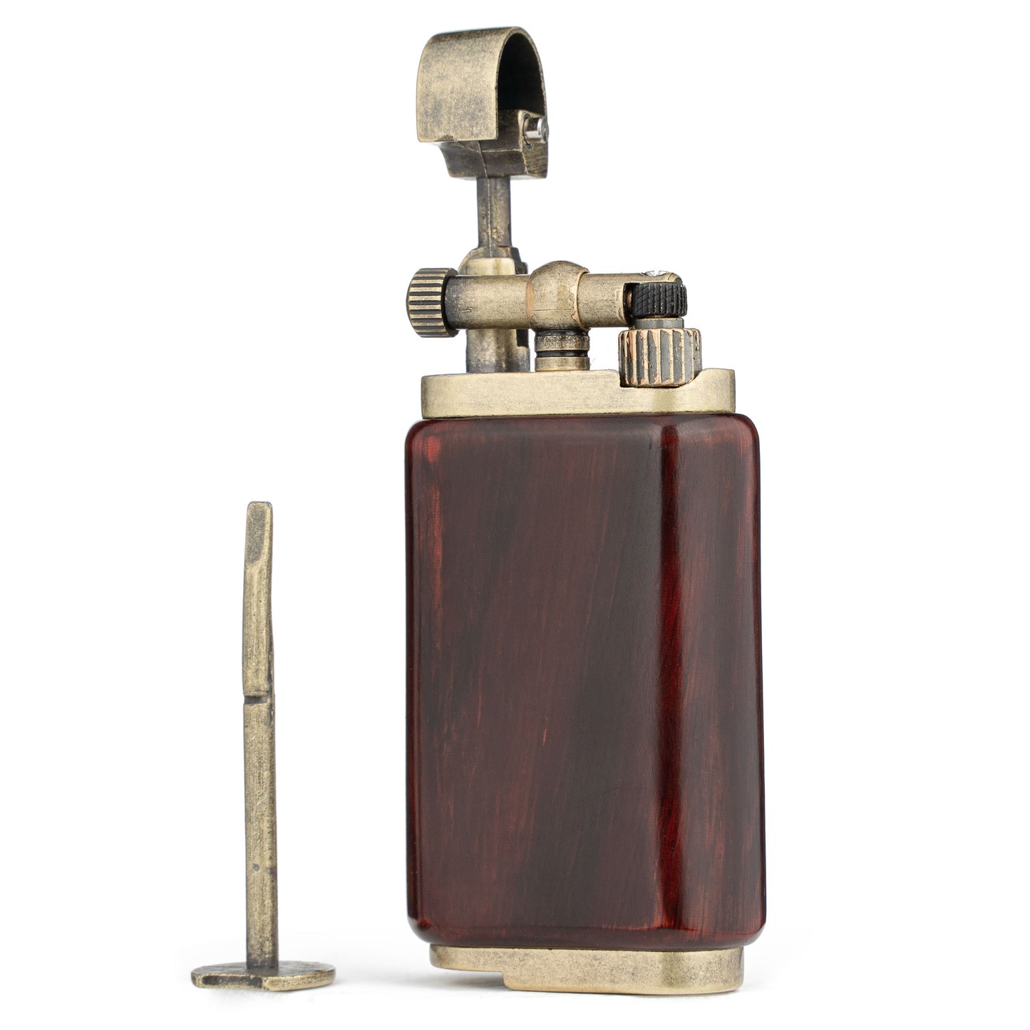 Rosewood Angled Soft Flame Antique Style Lift Arm Butane Refillable Lighter with Tamper & Pick