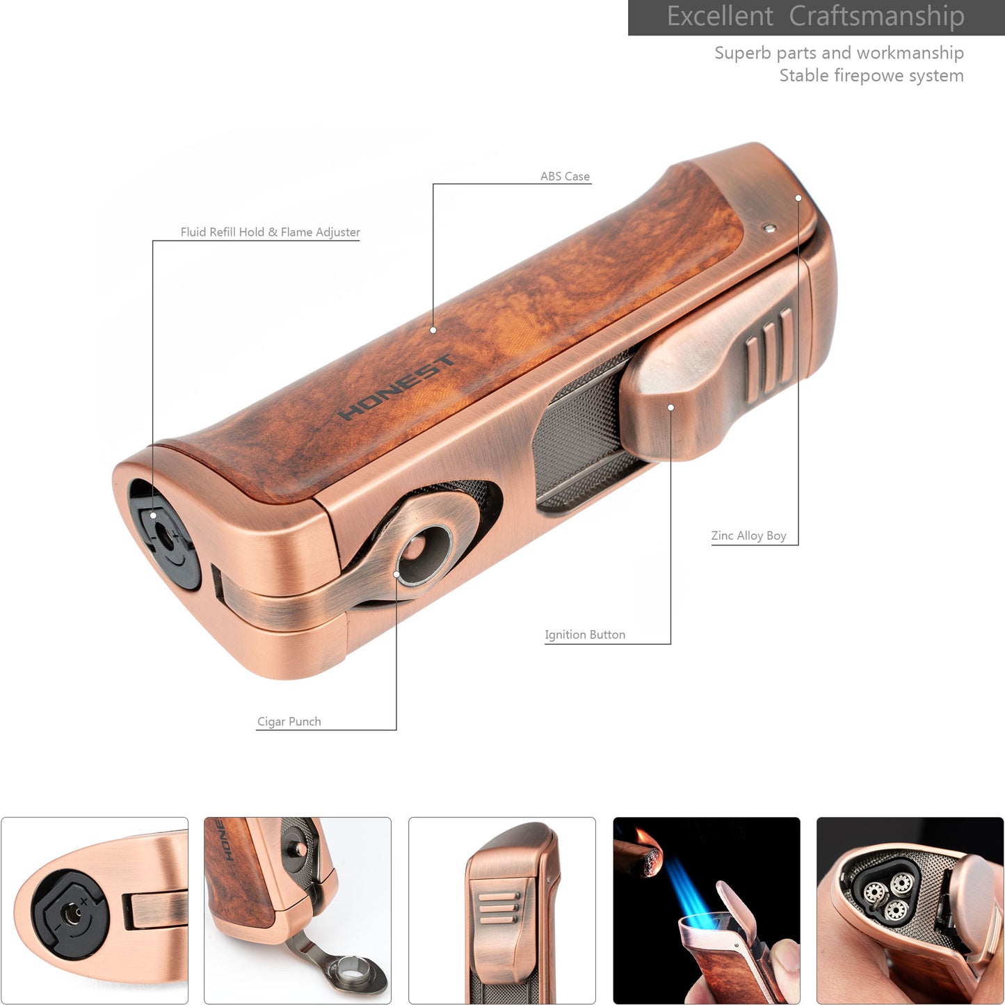 Cigar Lighter Windproof Triple Jet Flame Lighter Butane Refillable Torch Lighter with Cigar Punch