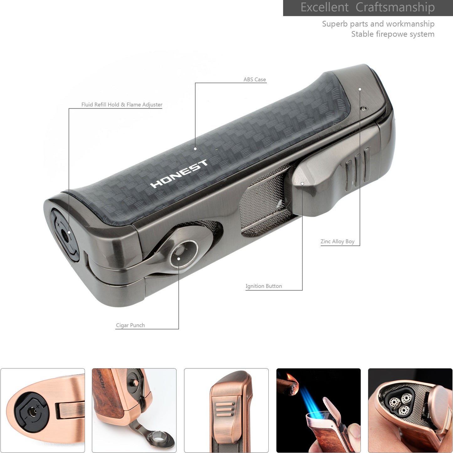 Cigar Lighter Windproof Triple Jet Flame Lighter Butane Refillable Torch Lighter with Cigar Punch