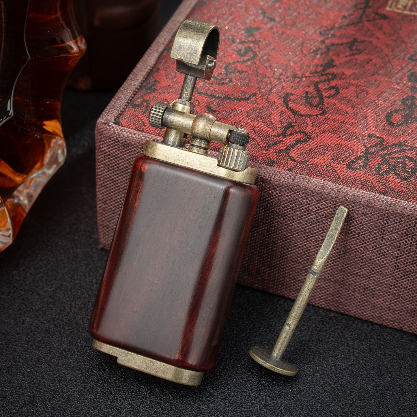 Rosewood Angled Soft Flame Antique Style Lift Arm Butane Refillable Lighter with Tamper & Pick