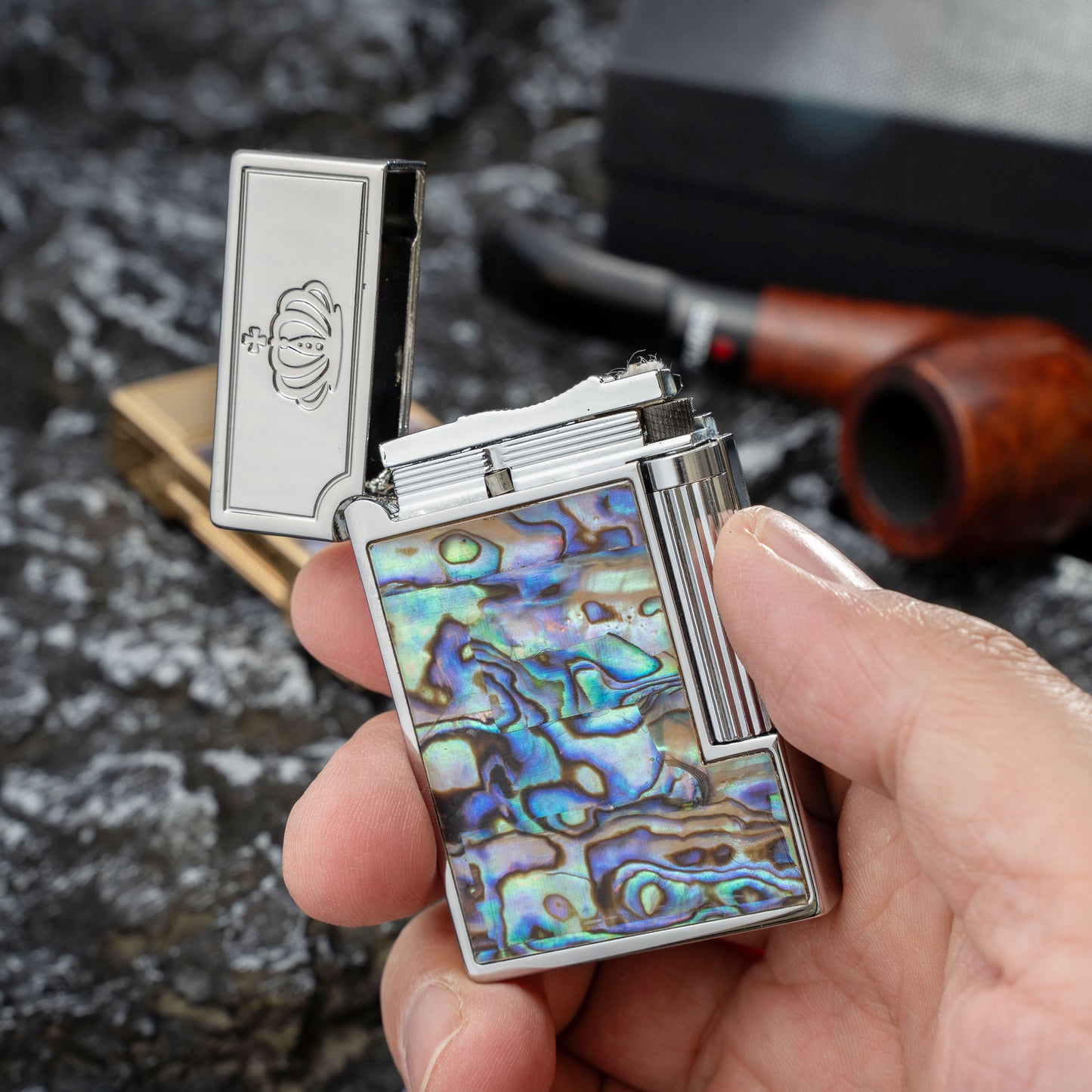 Classic Soft Flame Inlaid Paua Shell Kerosene Lighter Side Wheel Lighter Fluid Refillable Lighter