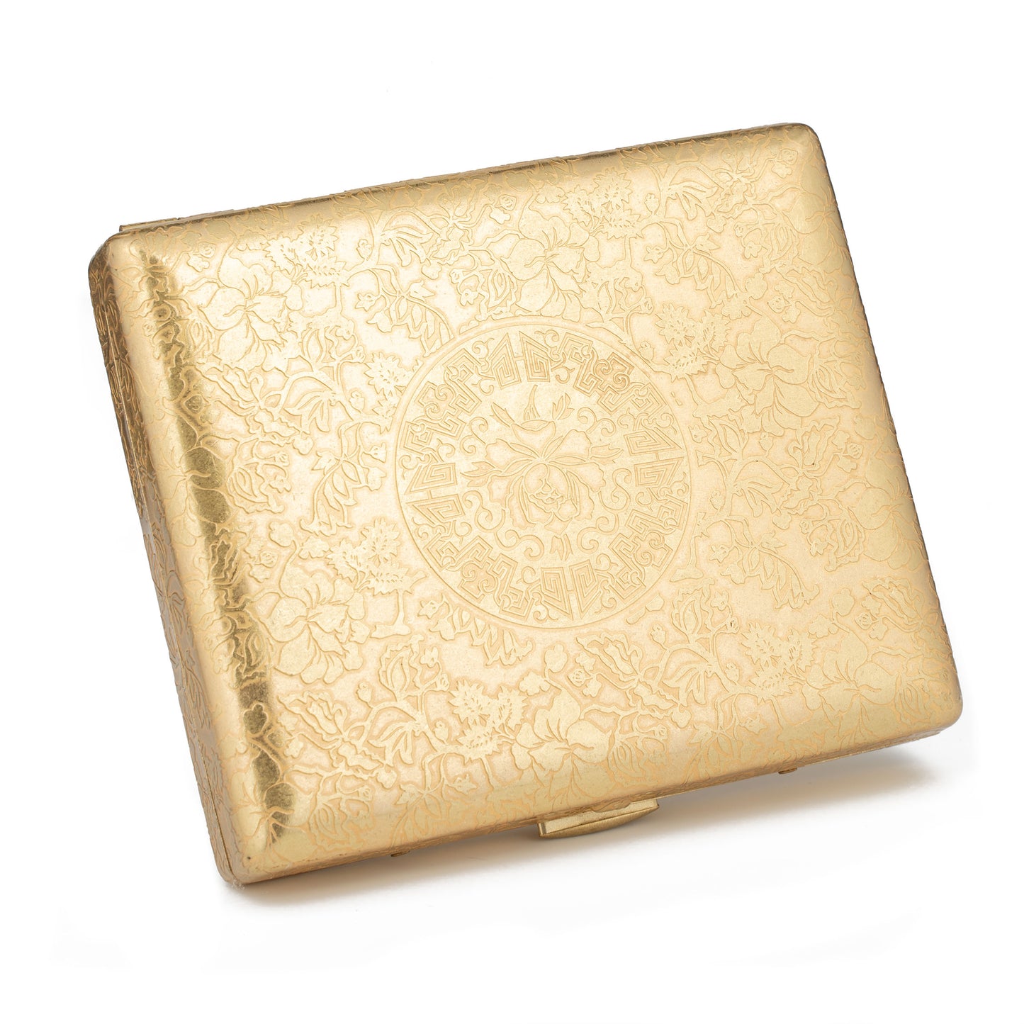 Brass Cigarette Case with Engraved Peonies, 6 Sided Design, Double Sided Spring Clip Open Pocket Holder Holds 20 Cigarettes