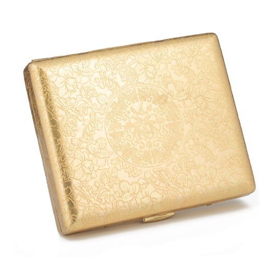 Brass Cigarette Case with Engraved Peonies, 6 Sided Design, Double Sided Spring Clip Open Pocket Holder Holds 20 Cigarettes