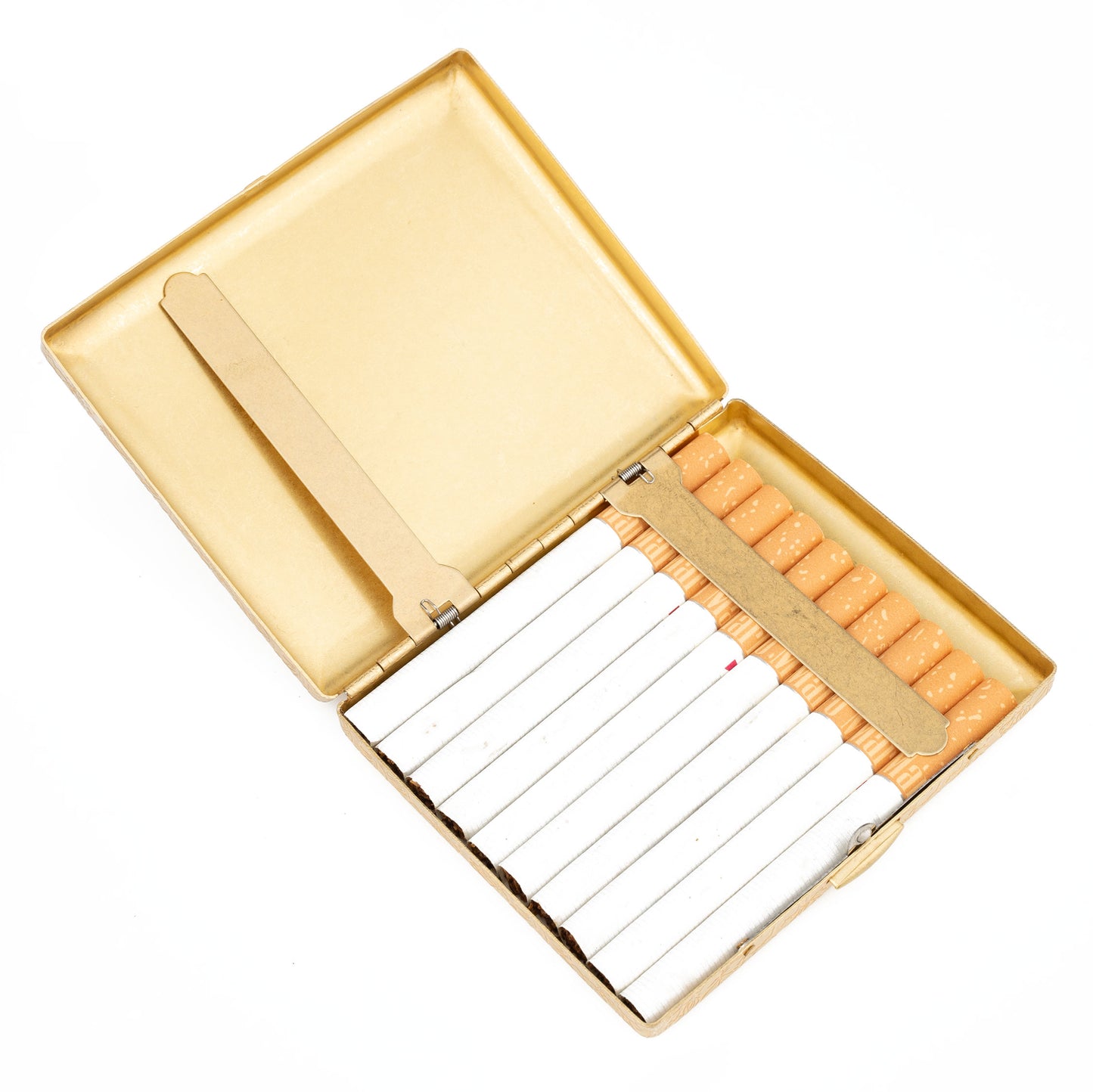 Brass Cigarette Case with Engraved Peonies, 6 Sided Design, Double Sided Spring Clip Open Pocket Holder Holds 20 Cigarettes