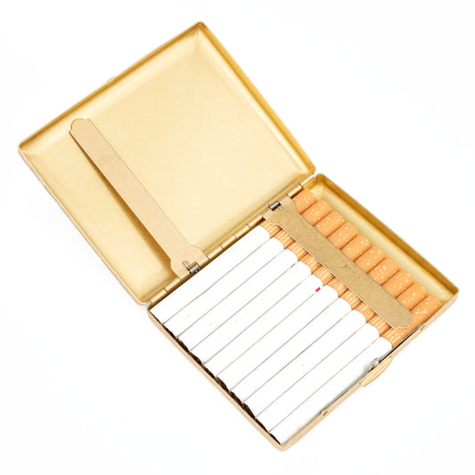 Brass Cigarette Case with Engraved Peonies, 6 Sided Design, Double Sided Spring Clip Open Pocket Holder Holds 20 Cigarettes