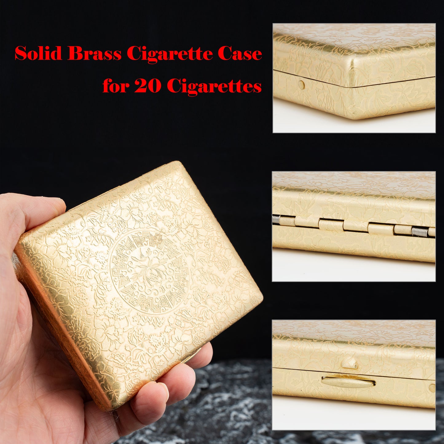 Brass Cigarette Case with Engraved Peonies, 6 Sided Design, Double Sided Spring Clip Open Pocket Holder Holds 20 Cigarettes