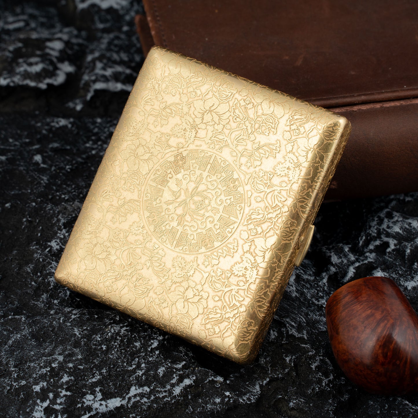 Brass Cigarette Case with Engraved Peonies, 6 Sided Design, Double Sided Spring Clip Open Pocket Holder Holds 20 Cigarettes