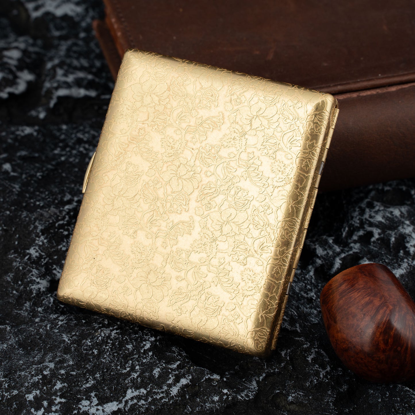 Brass Cigarette Case with Engraved Peonies, 6 Sided Design, Double Sided Spring Clip Open Pocket Holder Holds 20 Cigarettes